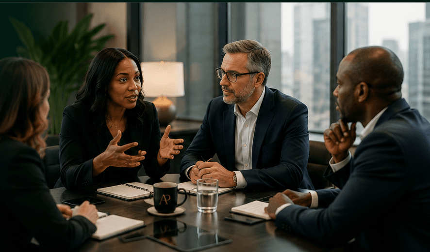Four colleagues in discussion in a meeting room overlooking the city